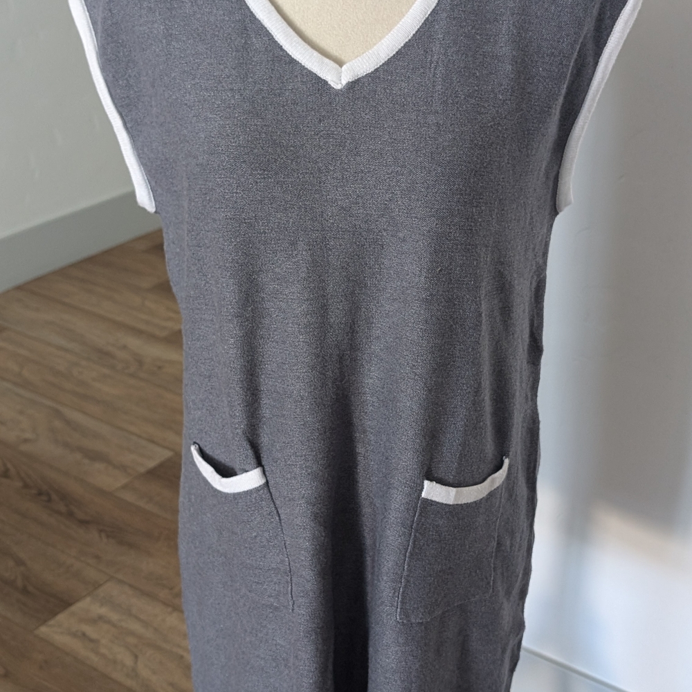 Gray Sleeveless Midi Dress with White Trim
